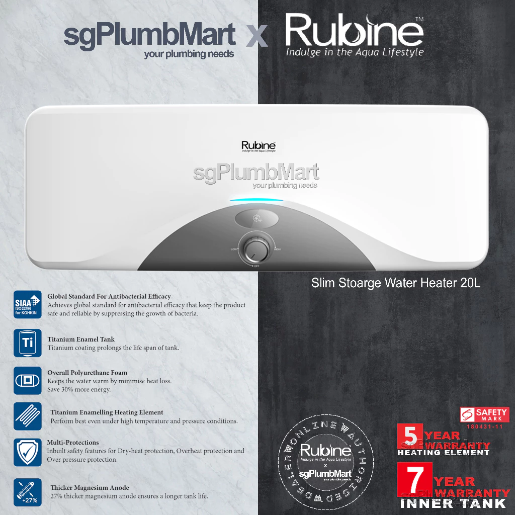 Rubine SH-20 20L Slim Storage Water Tank Heater